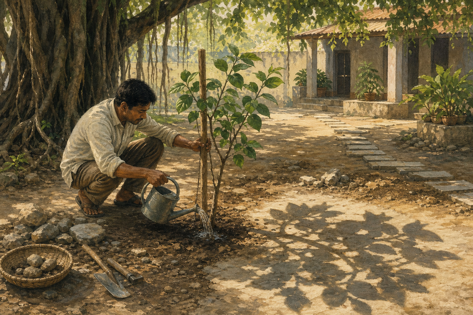 Hands plant seeds in a cared-for courtyard garden beside flourishing plants and a separate neglected patch of thorns.