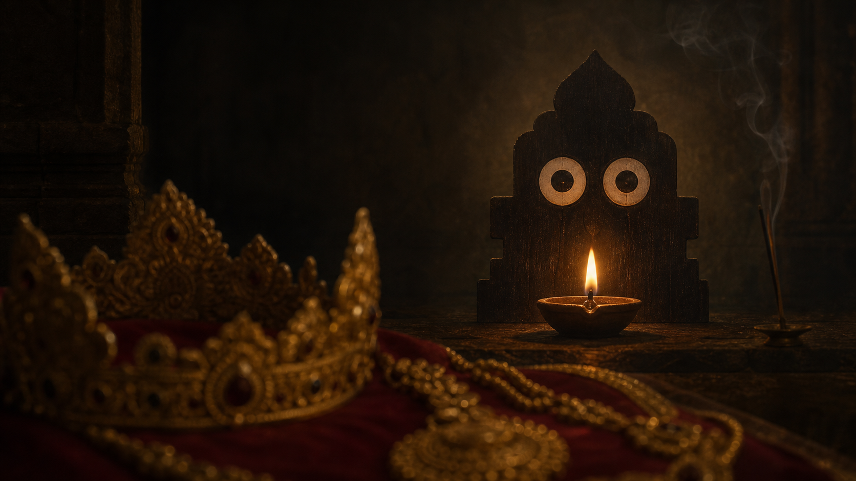 Jagannath, Balabhadra, and Subhadra wear golden adornments on their three chariots outside the temple gateway as pilgrims gather for darshan.