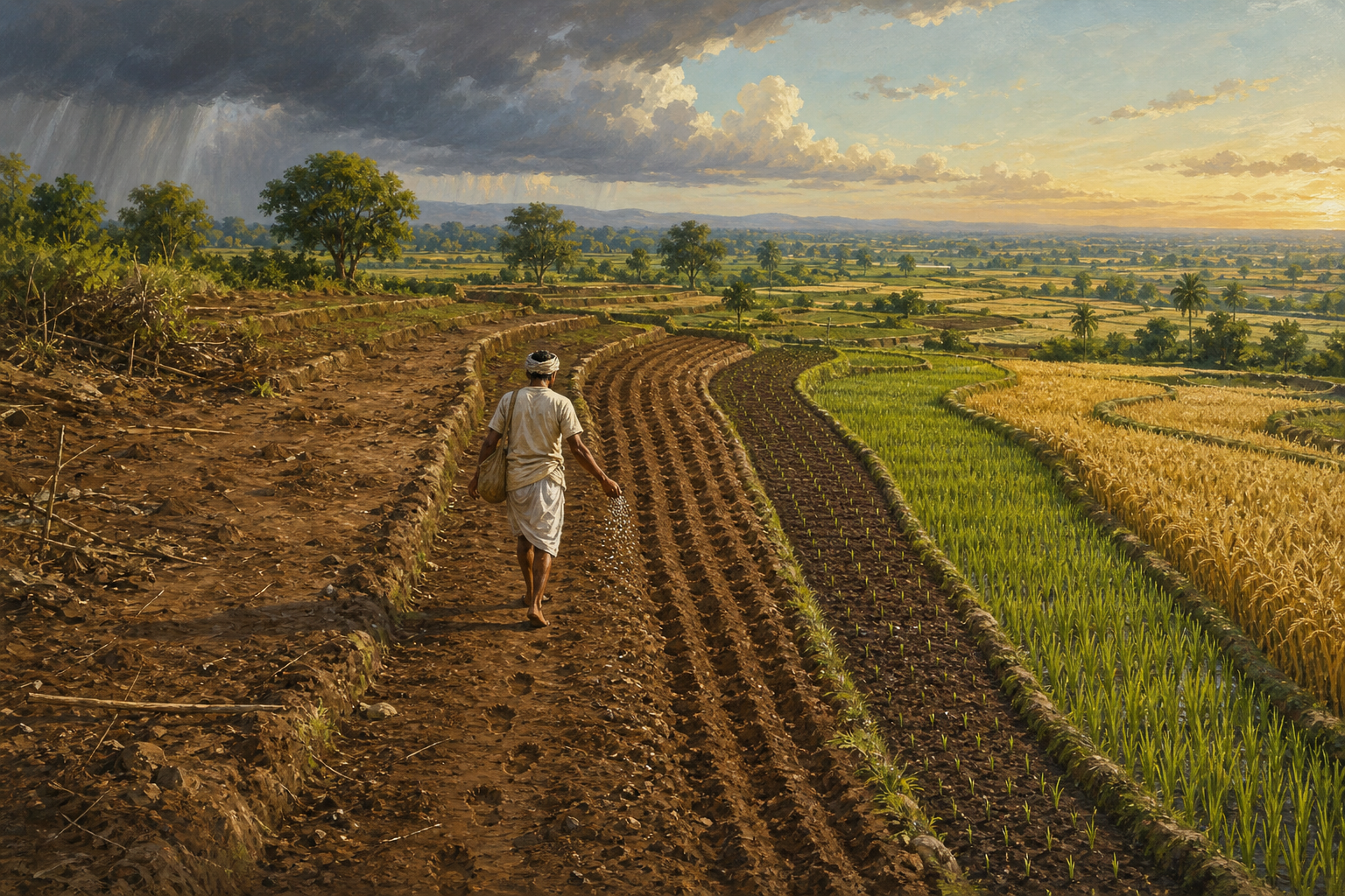 An artisan carrying a basket walks through four courtyard gateways showing fair exchange, household care, community benefit, and letting go.