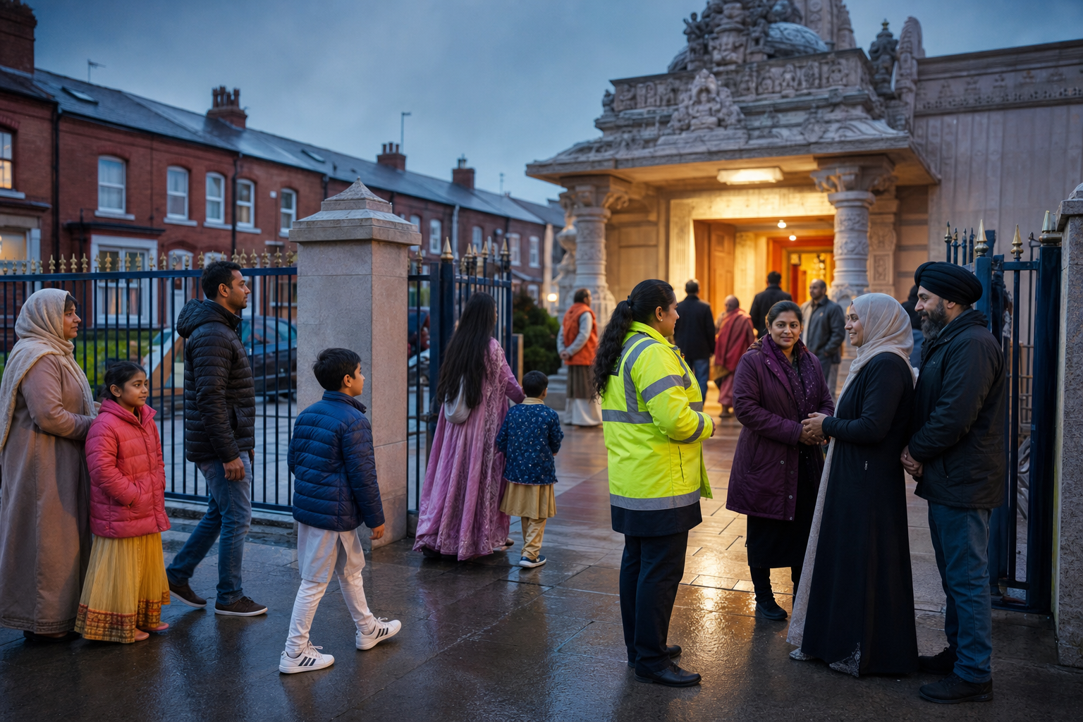 Hindu families, temple volunteers, a community safety officer, and neighbours gathering outside a warmly lit temple in a British urban neighbourhood.