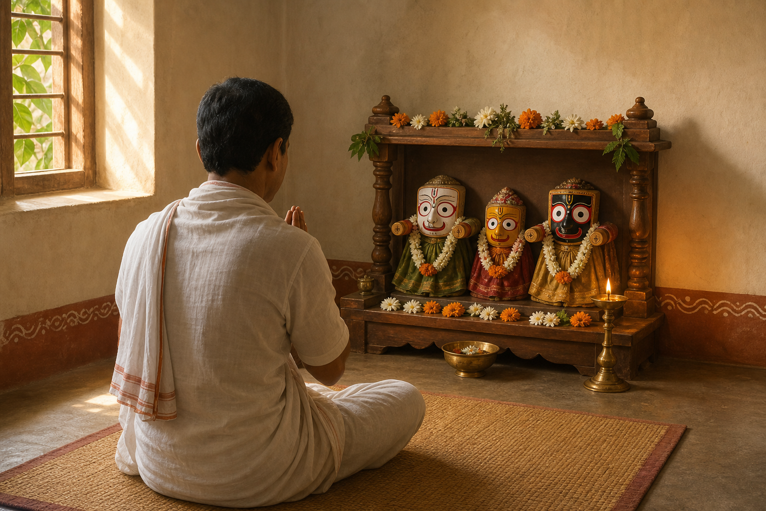 A ceremonial gold ornament rests on red cloth beside jasmine, marigolds, tulsi leaves, and a lit clay lamp.