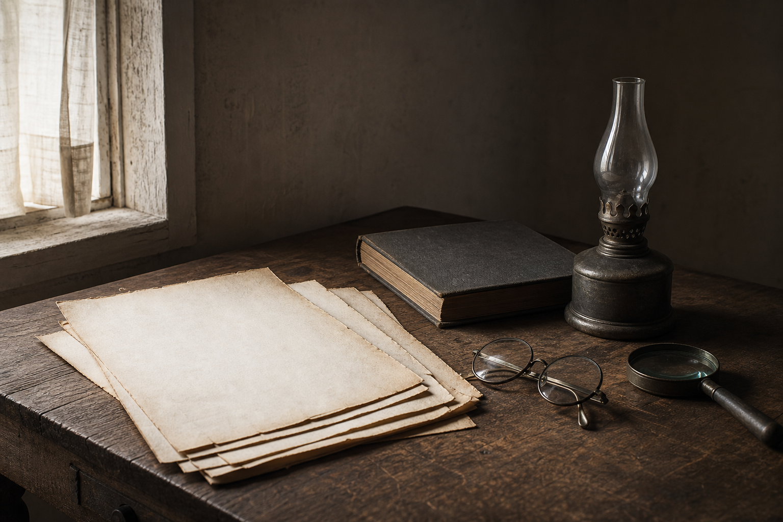 A magnifying glass, spectacles, blank aged papers, a closed notebook and an extinguished oil lamp rest on an archival reading table.