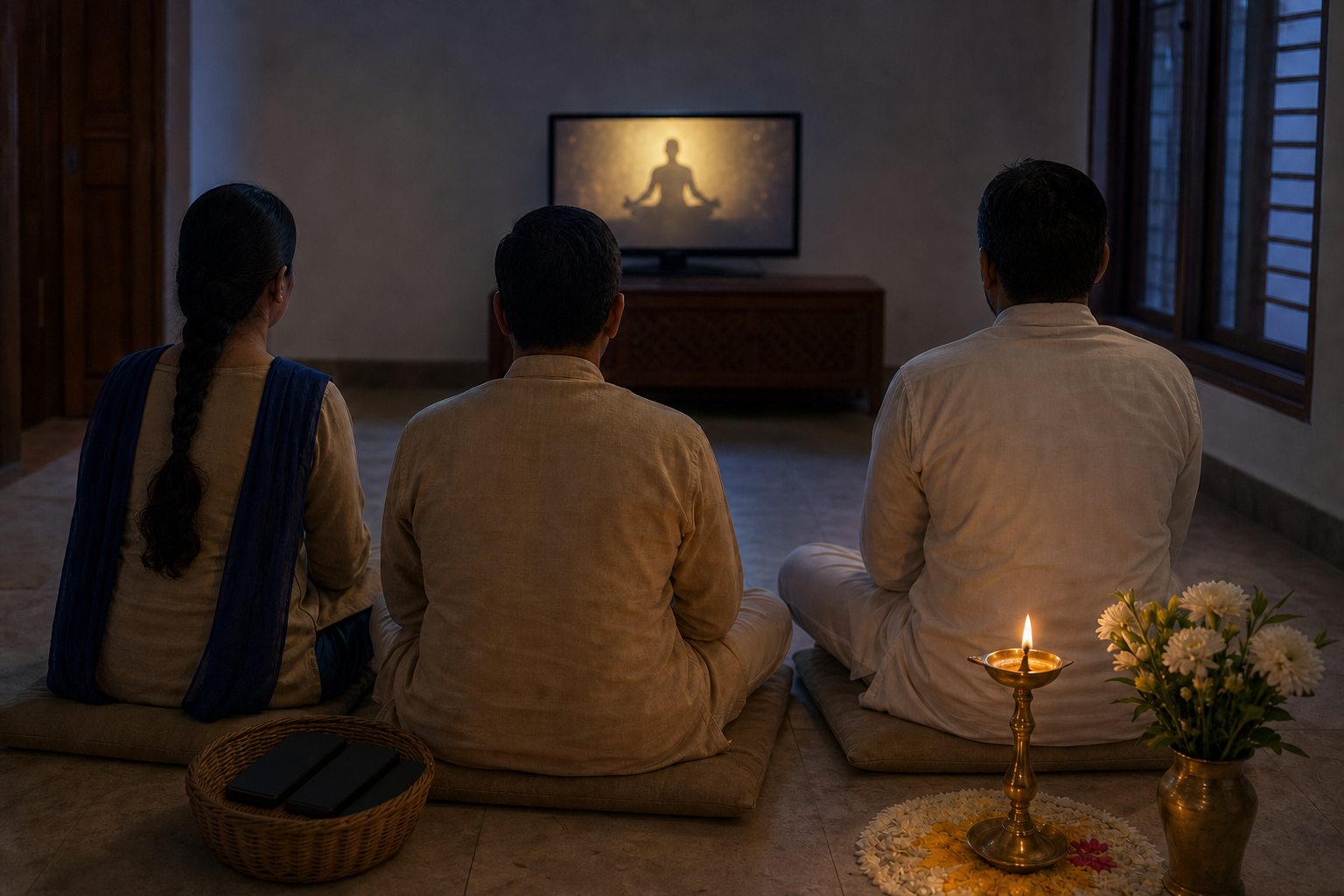 Three people sit attentively before a small screen showing the indistinct silhouette of a seated spiritual teacher, while phones rest in a basket nearby.