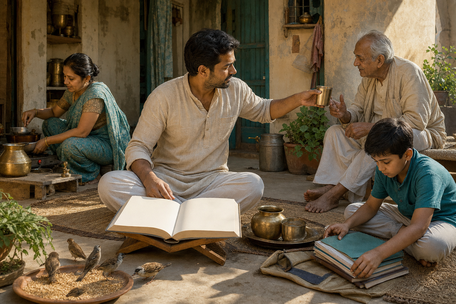 A householder in a sunlit courtyard cares for an elderly parent, prepares food, helps a child, and feeds birds beside an open book.