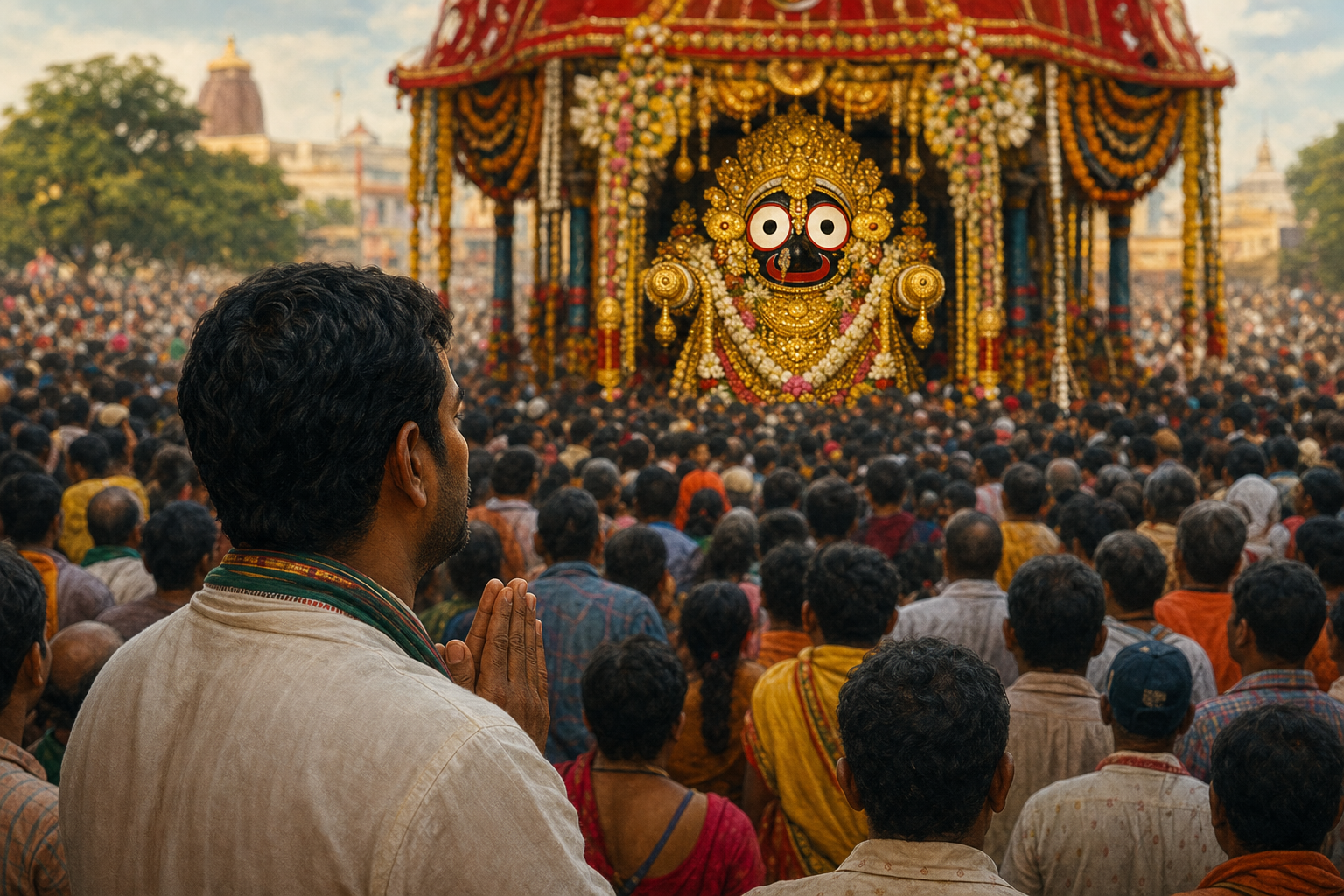 A pilgrim stands with folded hands in a crowd and looks toward the gold-adorned Lord Jagannath on his chariot.