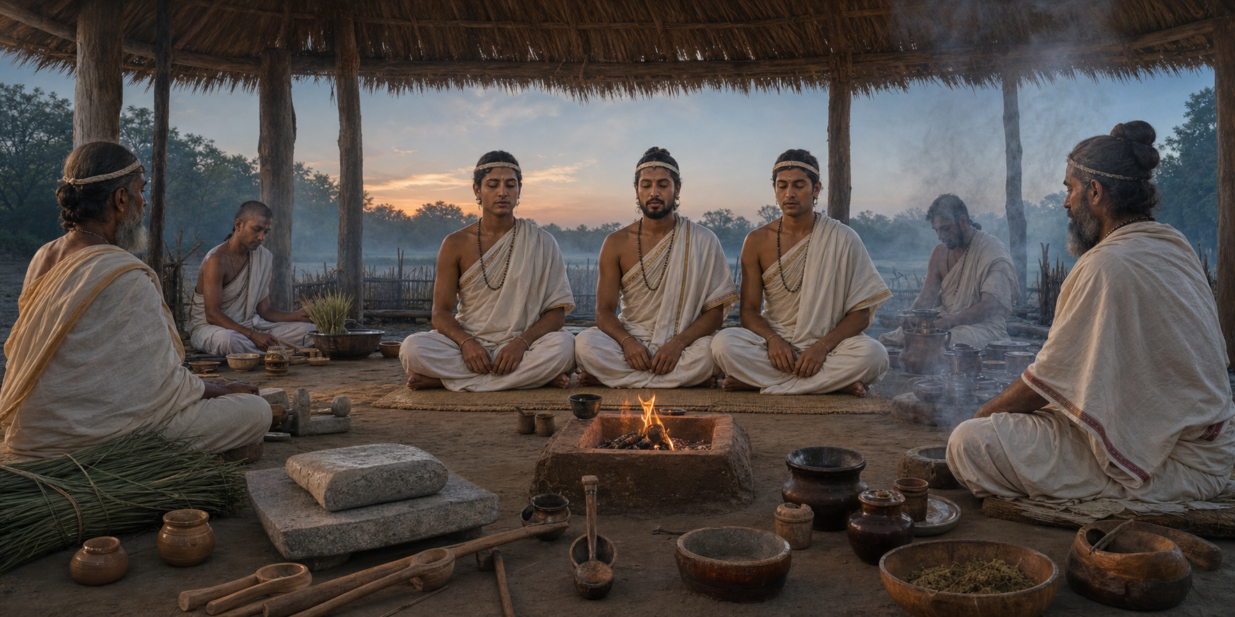 Three Sama Veda chanters sit beside the fire hearths and ritual implements of a Soma sacrifice at dawn, becoming still at the close of a chant.