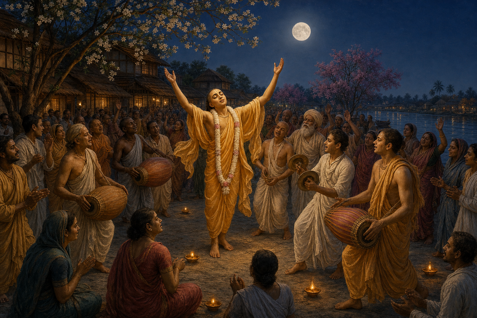 Sri Caitanya Mahaprabhu leads devotees singing and dancing with a drum and hand cymbals under the full moon in Navadvipa.