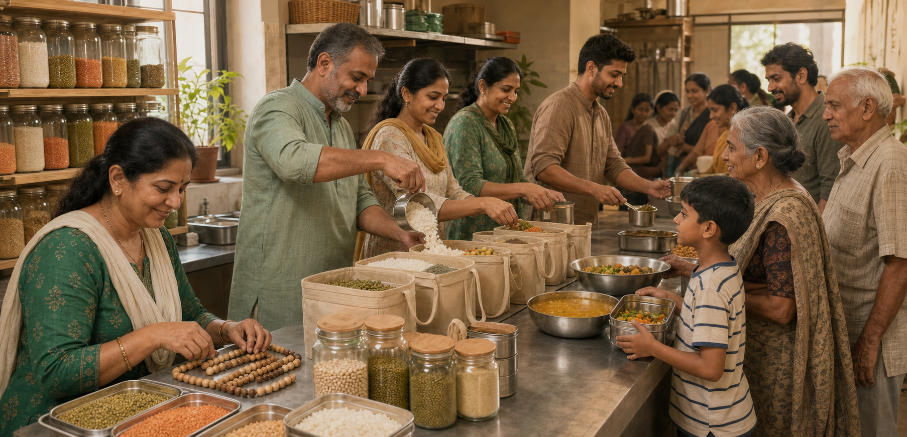 Volunteers in an Indian community kitchen organize staple foods and prepare equal meal portions in reusable containers.