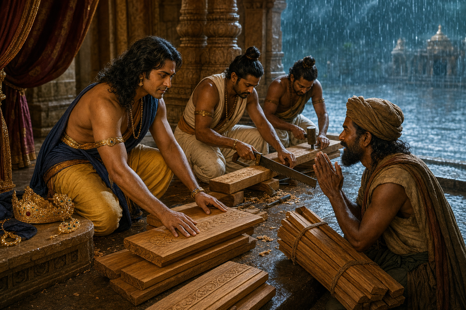 Karna and palace attendants prepare dry sandalwood for a seeker as rain continues beyond the shelter.
