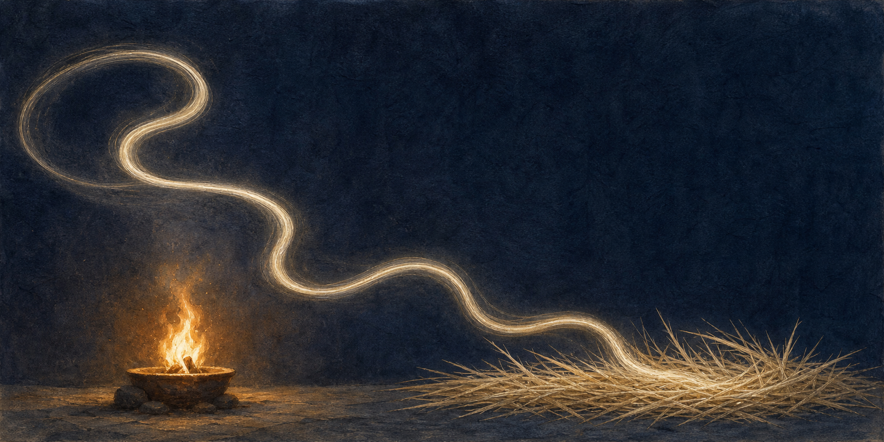 A glowing ribbon descends in smooth curves and comes to rest on a small bed of grass beside a ritual fire.