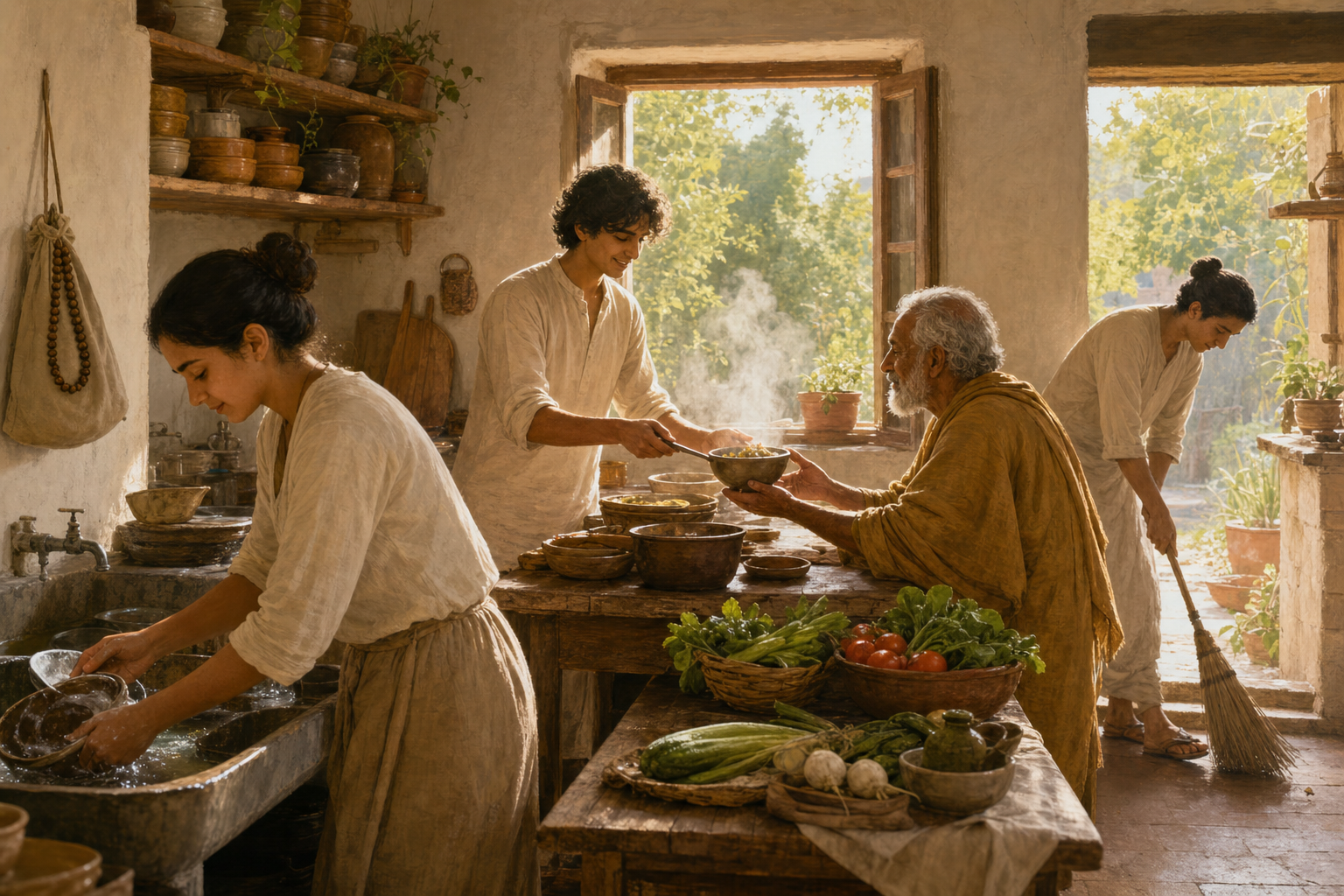 People quietly wash dishes, serve food to an elderly guest, and sweep the floor in a sunlit communal kitchen.