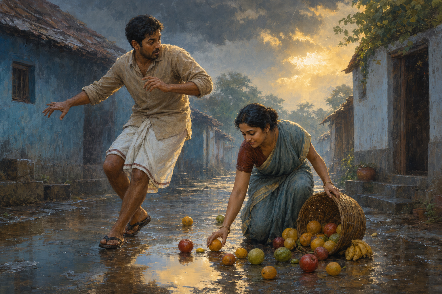 After colliding with another person on a rainy lane, a practitioner calmly bends to help collect fruit scattered on the ground.