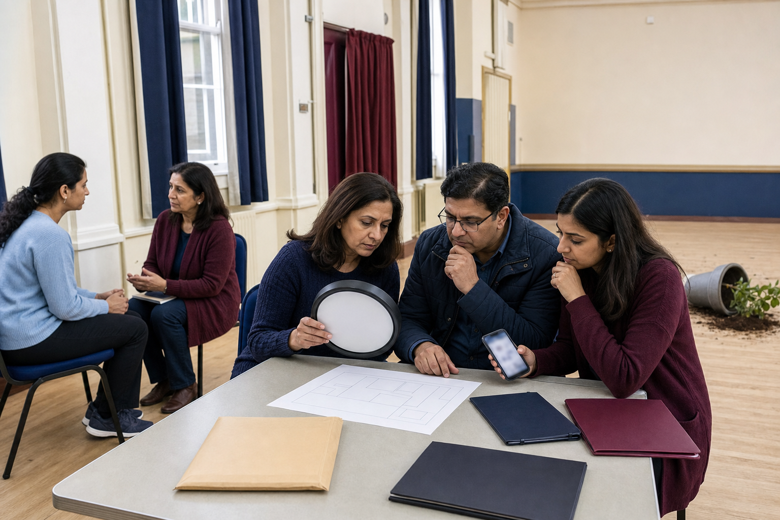 Volunteers in a British Hindu community centre calmly document an incident while speaking with a witness and preserving the scene.