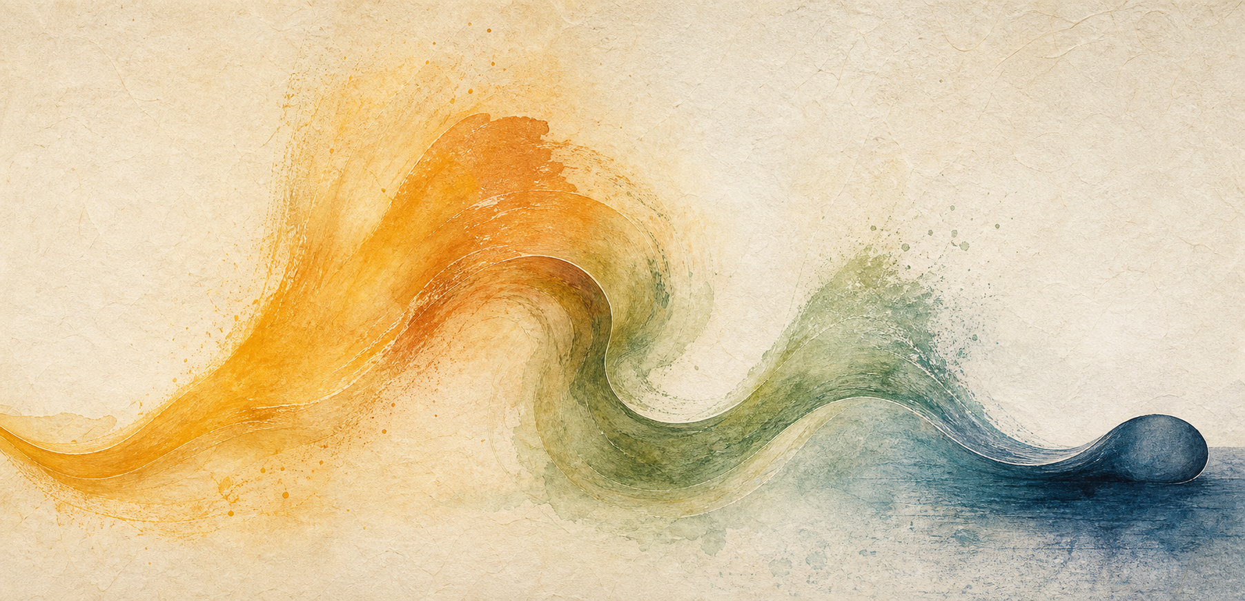 A continuous colored form passes through five connected movements before settling into a calm final shape.