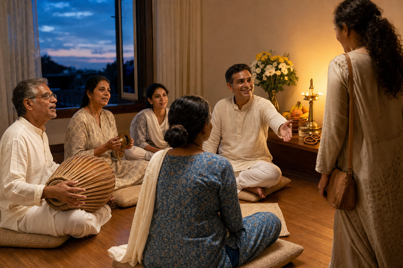 A small multigenerational group observes Gaura Purnima at home with prayer beads, flowers, fruit, an oil lamp, a drum, and hand cymbals.