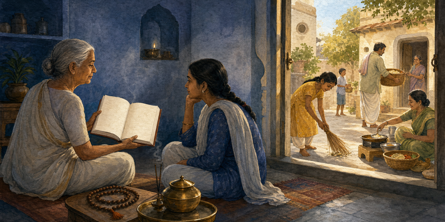 A family begins the morning with sacred listening and prayer while other household members prepare food, sweep, and carry supplies for neighbors.