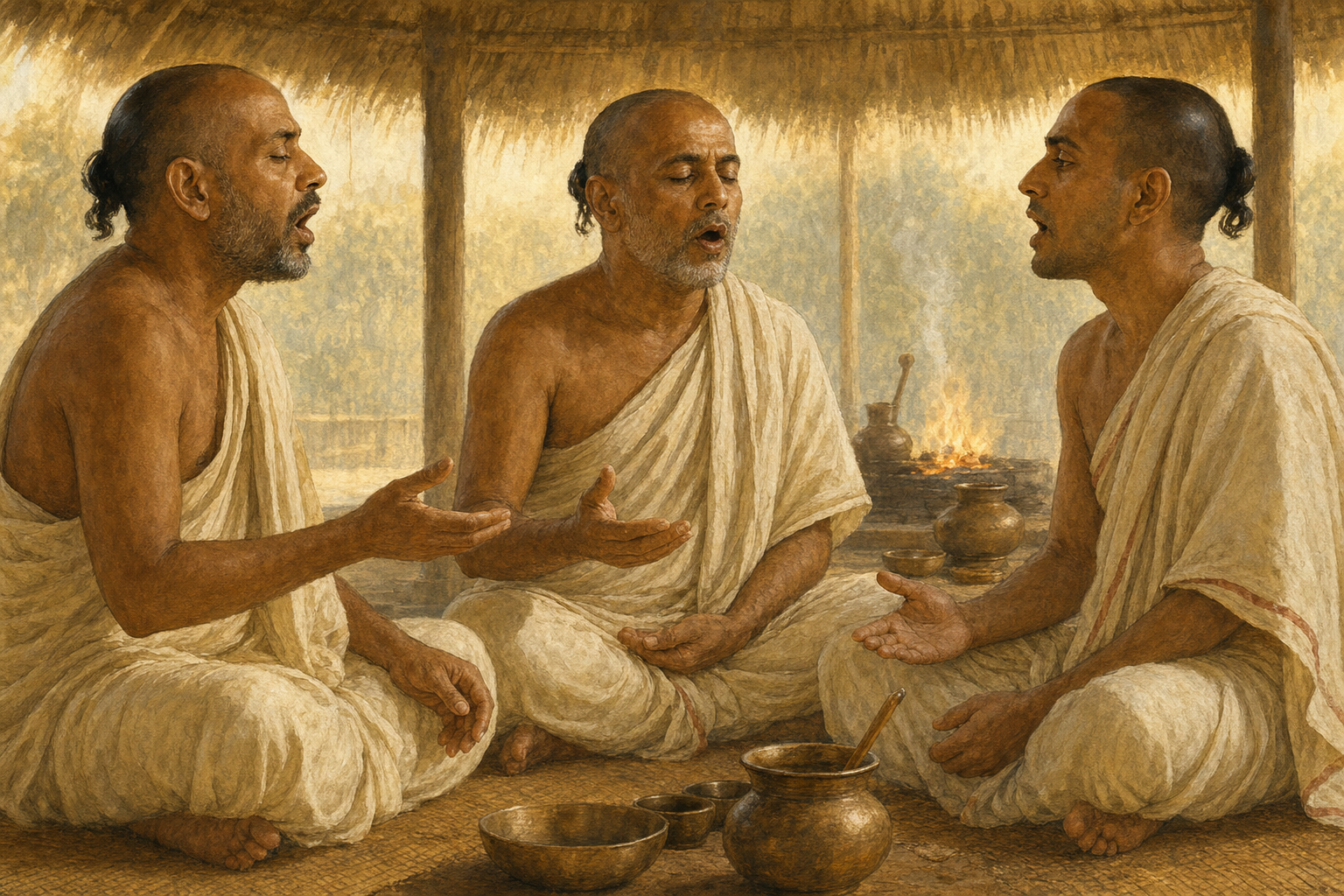Three seated Sama Veda priests coordinate a chant through their gaze and hand cues, then join together at its conclusion.