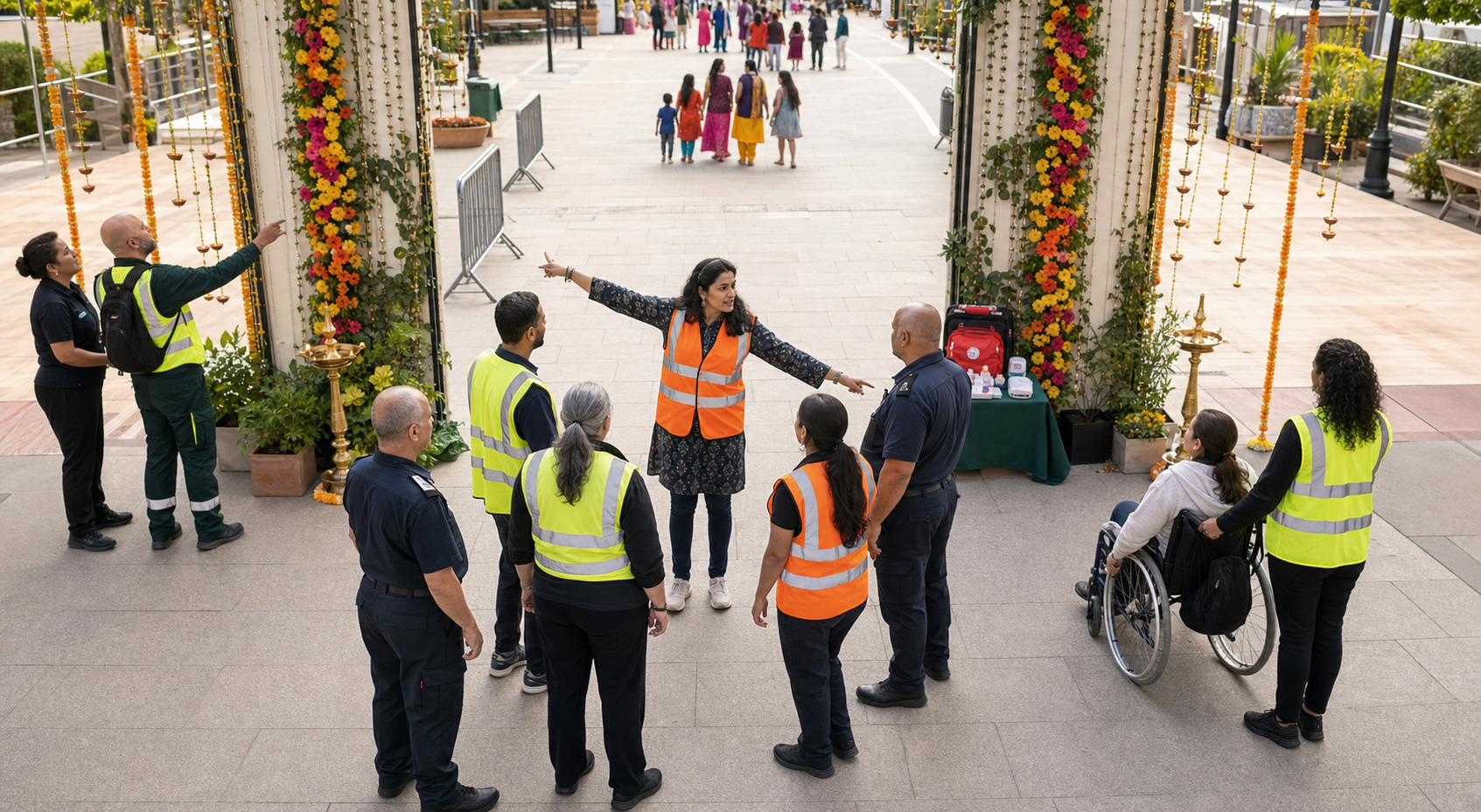 Hindu festival organisers, stewards, council staff, and safety officers inspect an accessible event entrance with lighting and portable barriers.