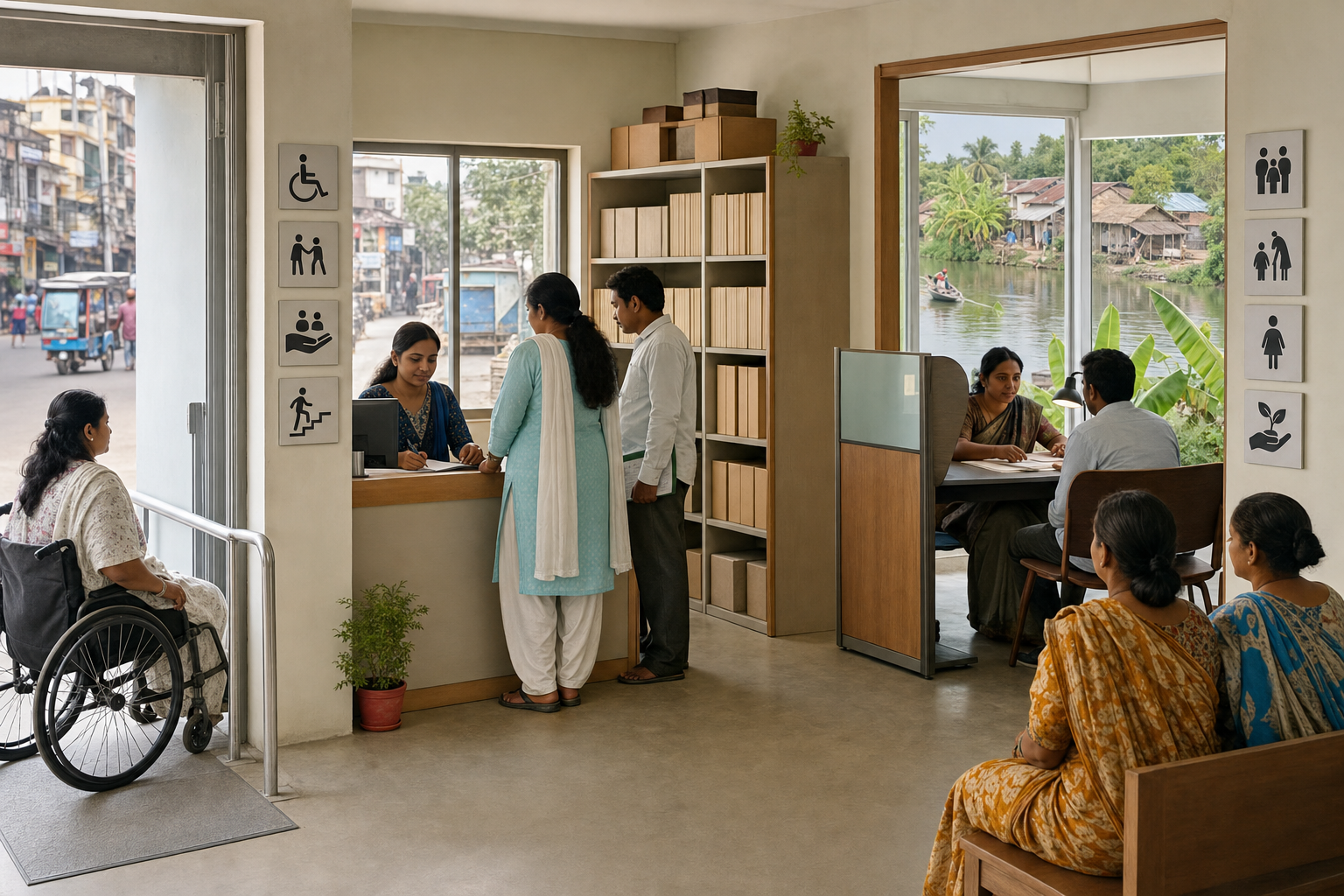 People use an accessible family assistance center with a reception counter, private consultation space, and views of urban and rural Bengal outside.