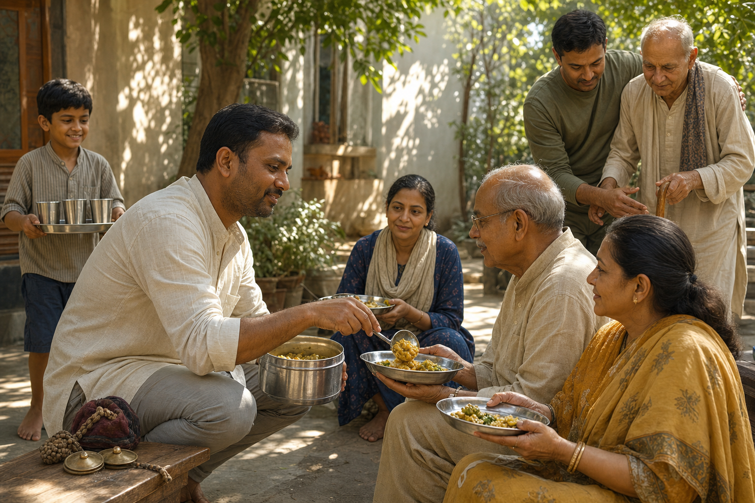 A devotee serves a vegetarian meal to neighbors in a sunlit courtyard while others offer water and help an older visitor.