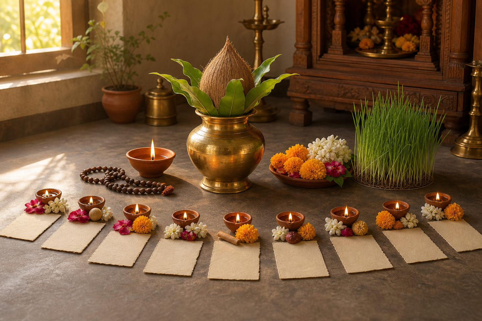 Brass kalasha, oil lamp, flowers, barley shoots, prayer beads, and nine small ritual groupings arranged in a home prayer room.