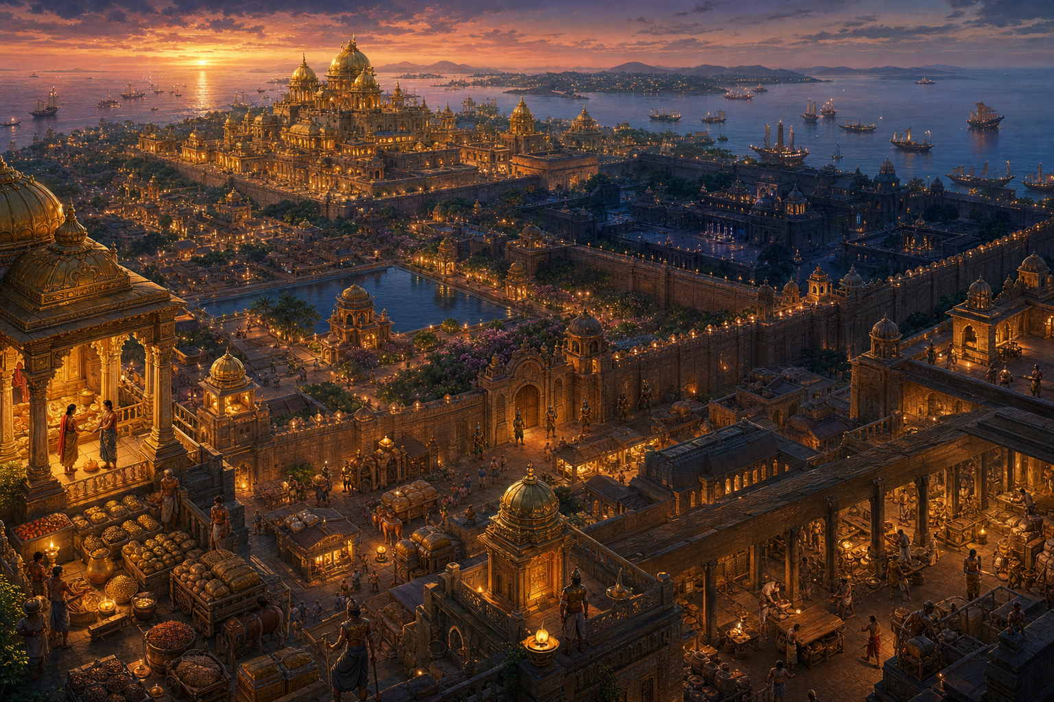 Golden palaces, gardens, reservoirs, workshops, ships, and guarded walls fill a prosperous island city at twilight.
