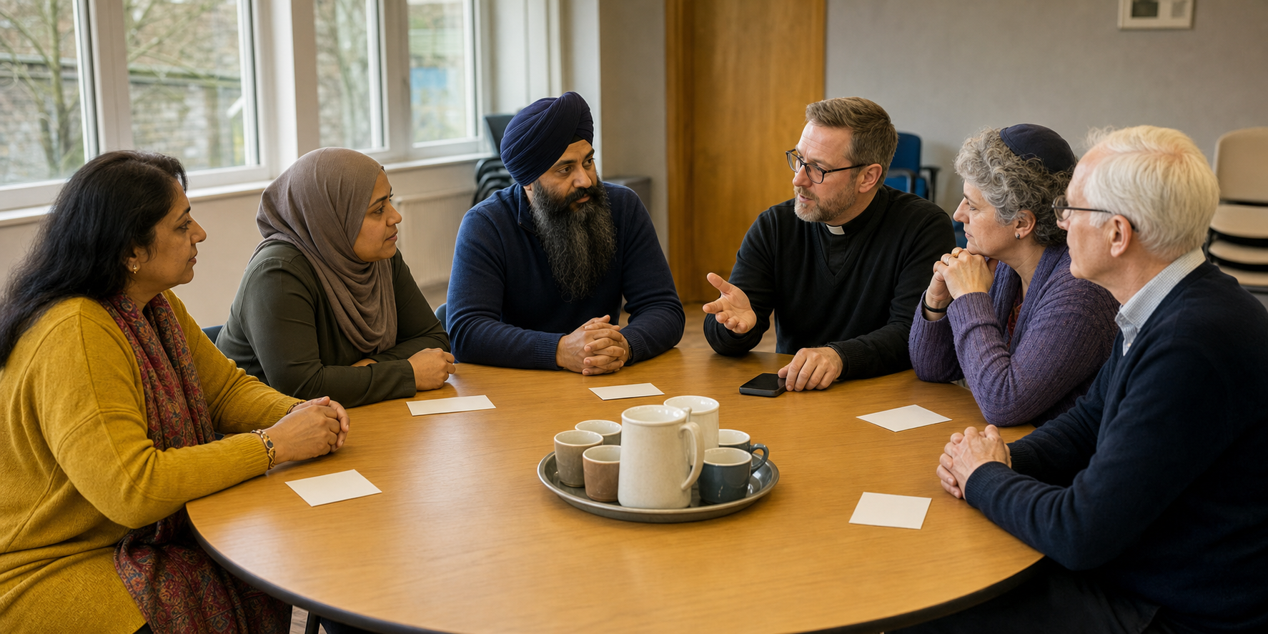 Representatives of several faith and neighbourhood groups hold a calm round-table meeting in a British community centre.