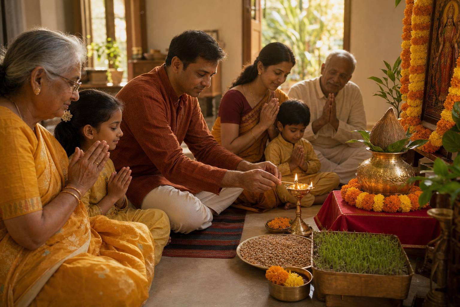 A family lights an oil lamp beside a kalasha, flowers, fruit, and grains at a home shrine on the first morning of Navratri.