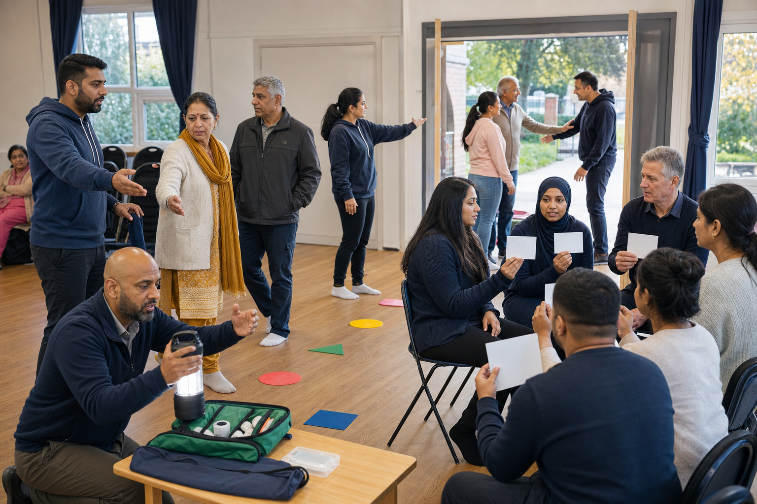Volunteers of different ages practise event stewarding, emergency communication, and basic preparedness in a British Hindu community hall.