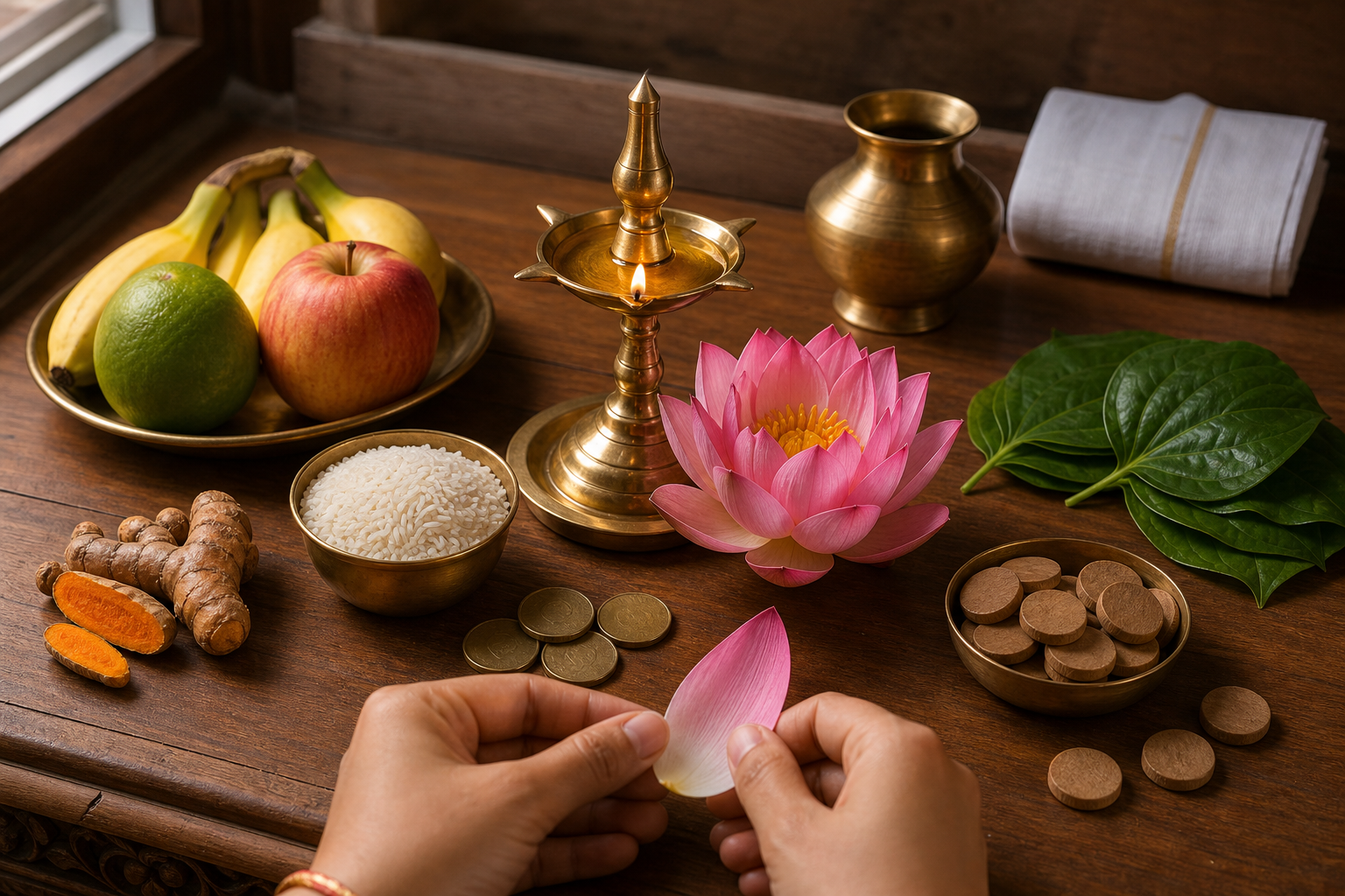 Hands place a lotus petal among an oil lamp, rice, fruit, leaves, coins, and other offerings arranged for Lakshmi Panchami.