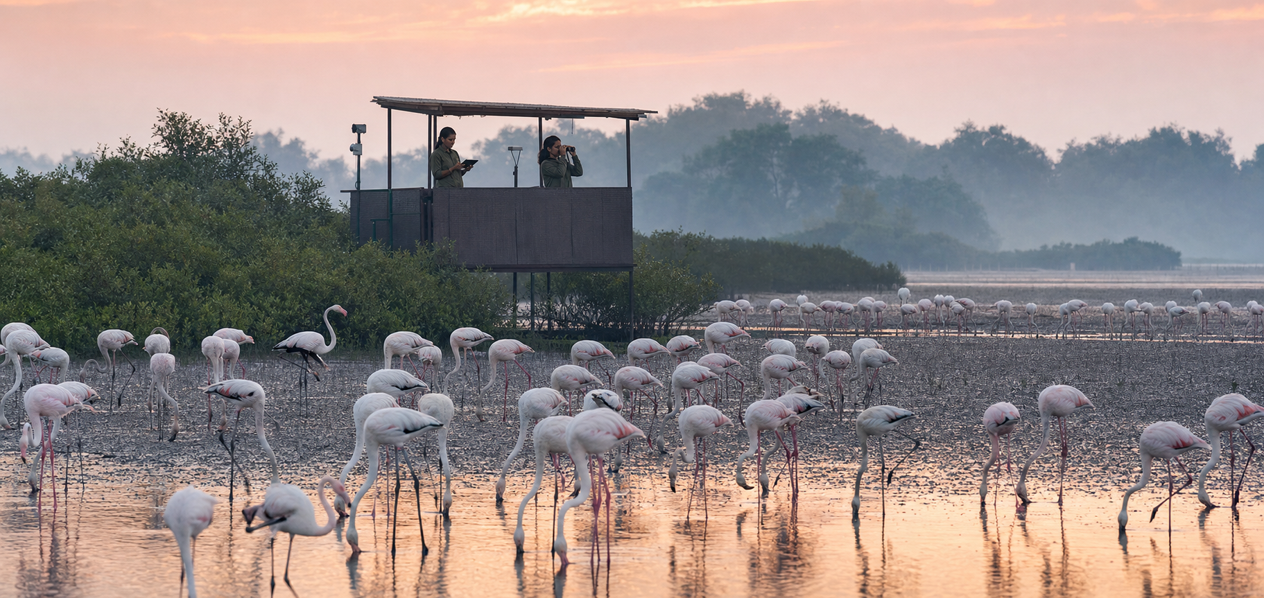 Flamingos feed on the Thane Creek mudflats while two field ecologists use binoculars and a tablet beside discreet monitoring equipment.