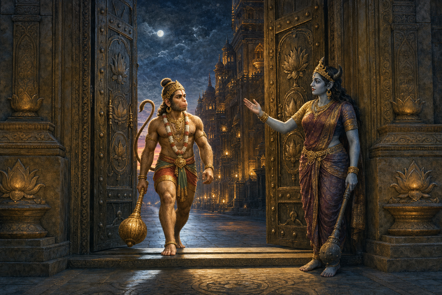 Lankini lowers her weapon and gestures Hanuman through the intact gateway of Lanka before dawn.