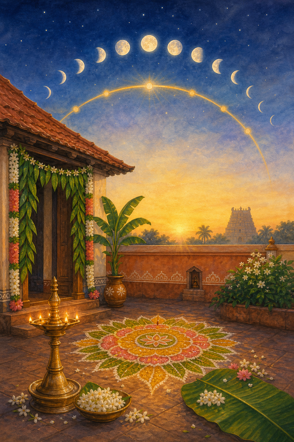 Illustrated South Indian courtyard with a brass lamp, flower-petal kolam, mango leaves, jasmine, and banana leaves beneath a sky containing the sun and several moon phases.