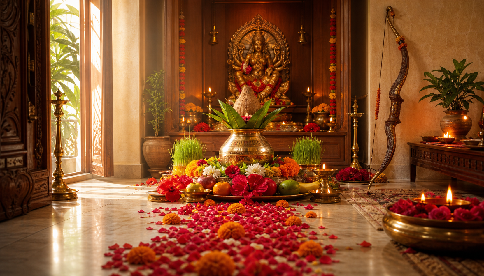 A Chaitra household altar with a brass kalasha, a representation of Devi, flowers, barley shoots, fruit, oil lamps, and a wooden bow at the side.