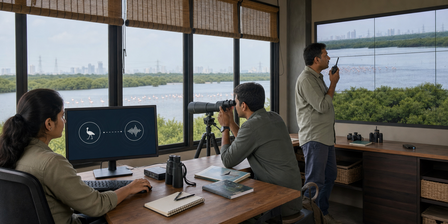 A wildlife monitoring team verifies a bird alert with a spotting scope before a sanctuary manager initiates a field response.