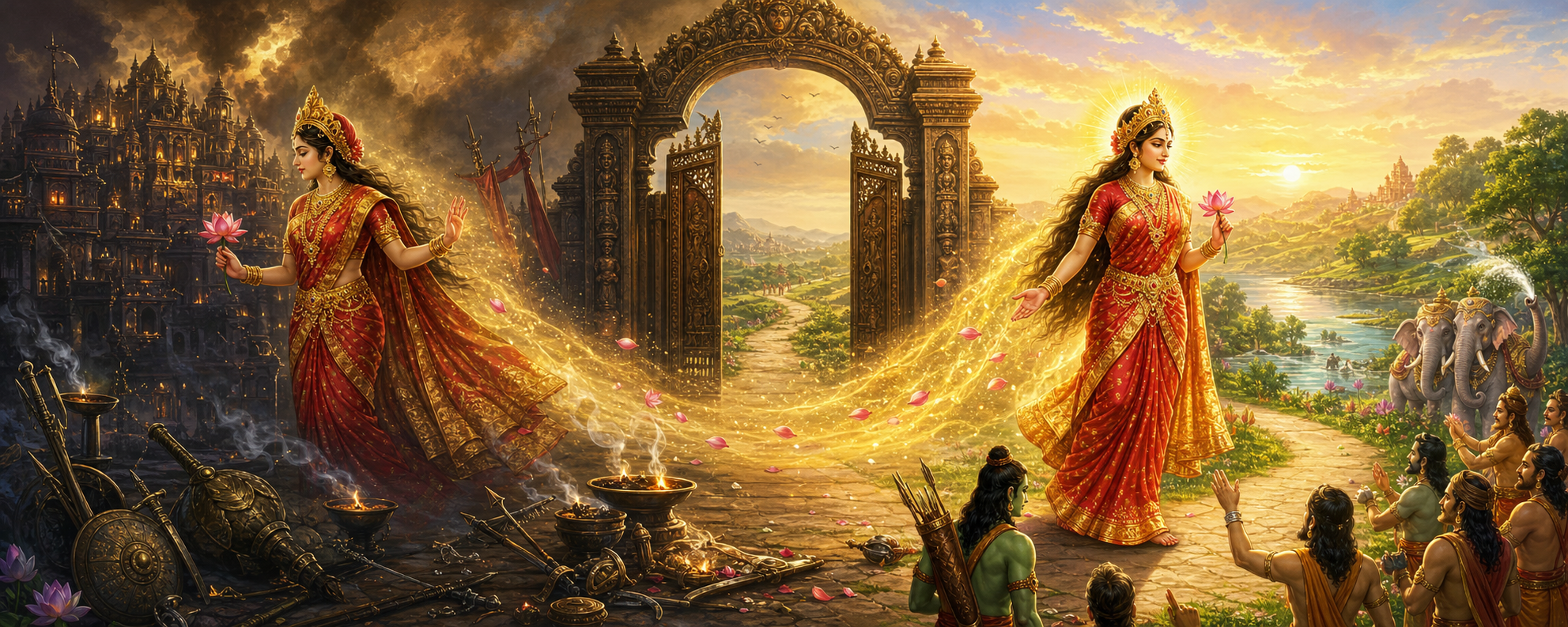 A lotus-bearing feminine figure leaves a shadowed golden palace, passes through an open gate, and moves toward a peaceful sunrise.