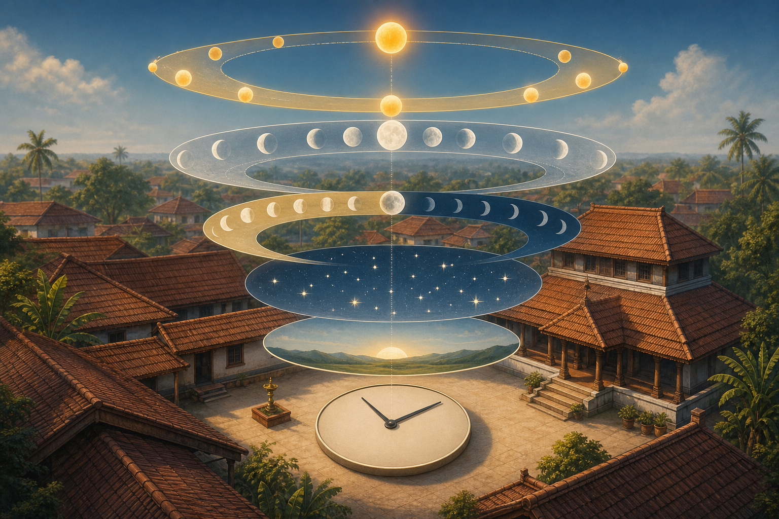 Layered illustration of a solar arc, moon phases, light and dark lunar bands, stars, a local horizon, and an unnumbered clock above South Indian rooftops.