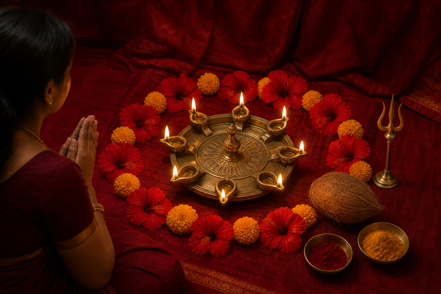 A devotee prays before a red-draped shrine with an eight-flame brass lamp, flowers, a coconut, and a ceremonial trident.