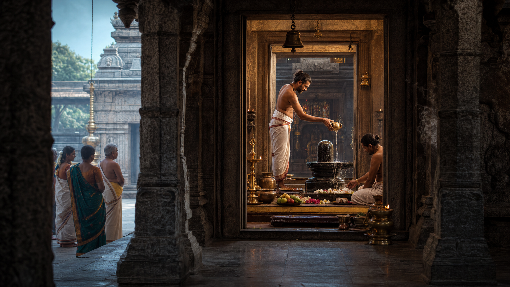 A priest performs an abhiṣeka over a stone liṅga inside a lamp-lit temple sanctum while devotees observe from the pillared hall.