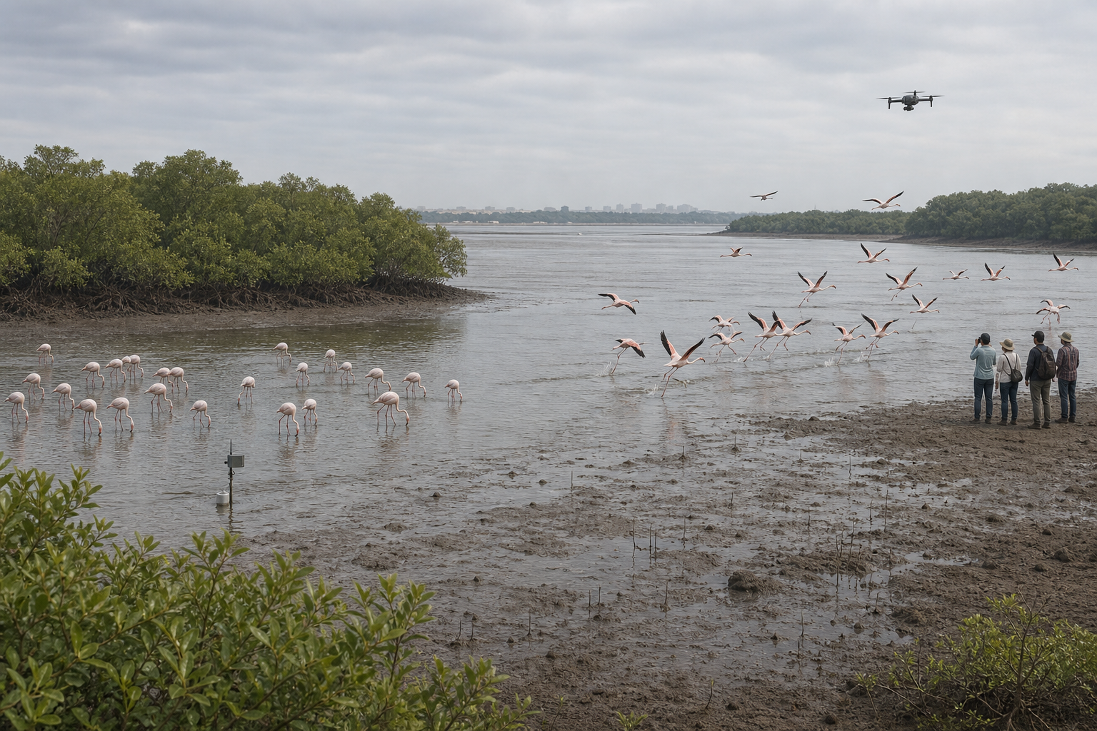 A paired view contrasts undisturbed flamingos near a discreet sensor with birds taking flight near a low drone and visitors.