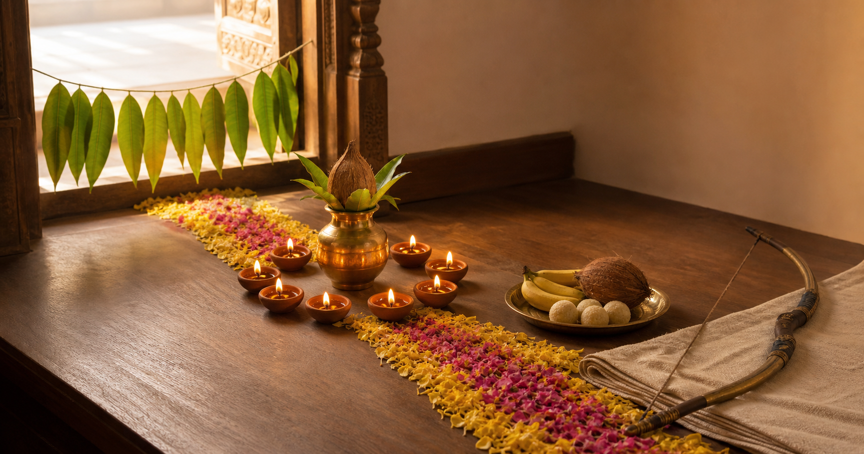 A flower-petal path connects a decorated threshold, a kalasha surrounded by nine lamps, and an offering tray beside a traditional bow.