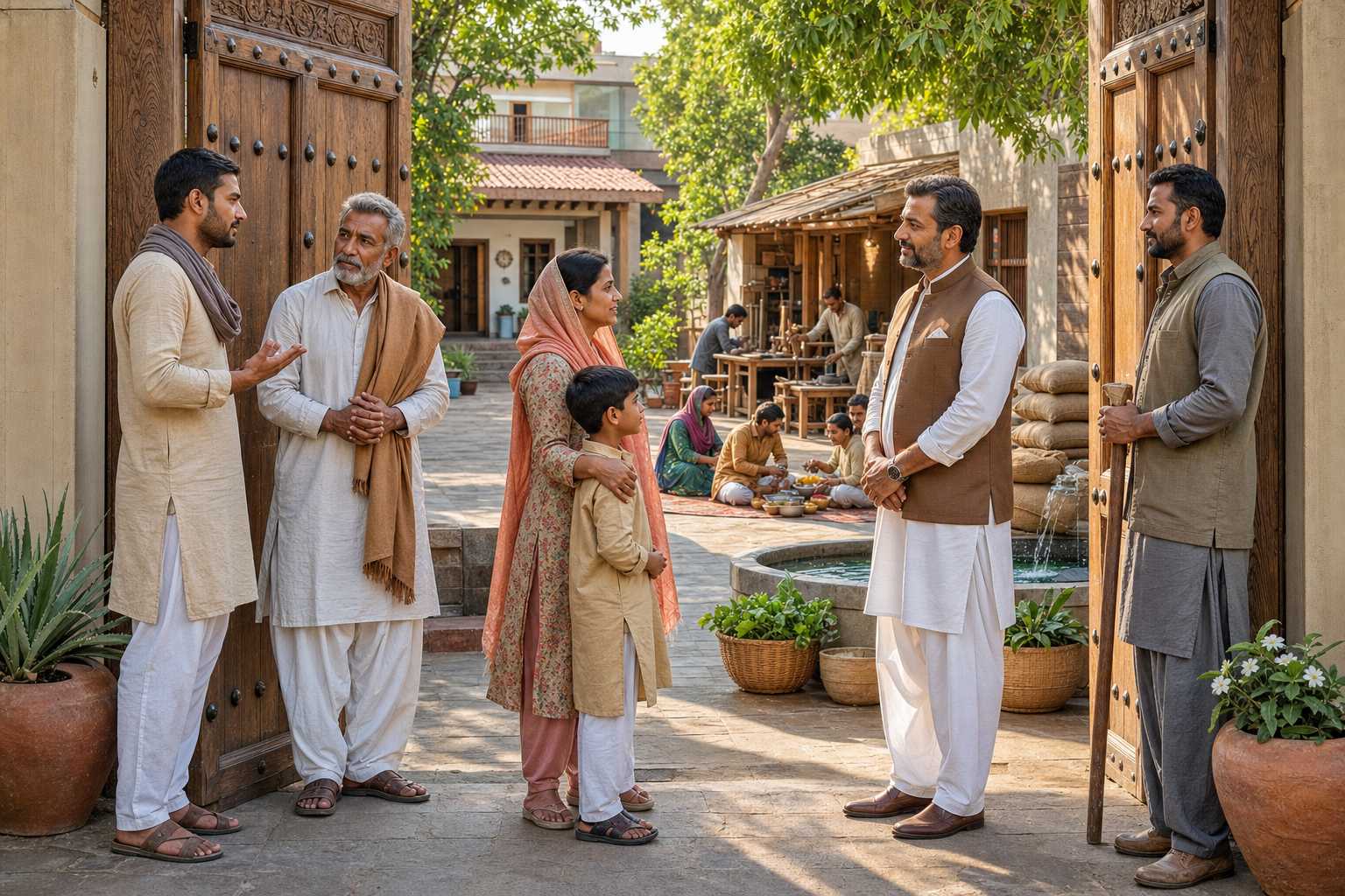 People speak at an open community gate leading to a safe courtyard with a home, workshop, trees, grain, clean water, and a shared meal.