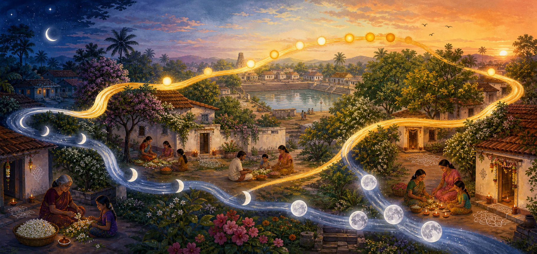 Golden and silver paths wind through a South Indian spring landscape with moon phases, changing daylight, flowering trees, tiled homes, decorated thresholds, and families preparing lamps and flowers.