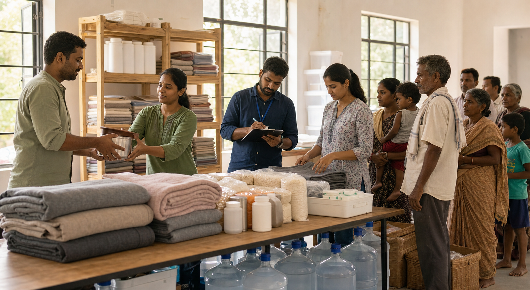 Volunteers organize blankets, food, medicine kits, and water for fair distribution to families in a community relief room.