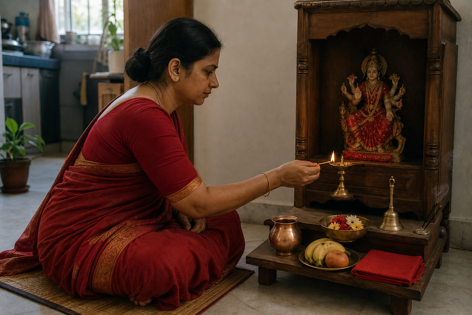 A householder lights a brass lamp at a compact home shrine with a Devi murti, flowers, fruit, water, incense, and a bell.