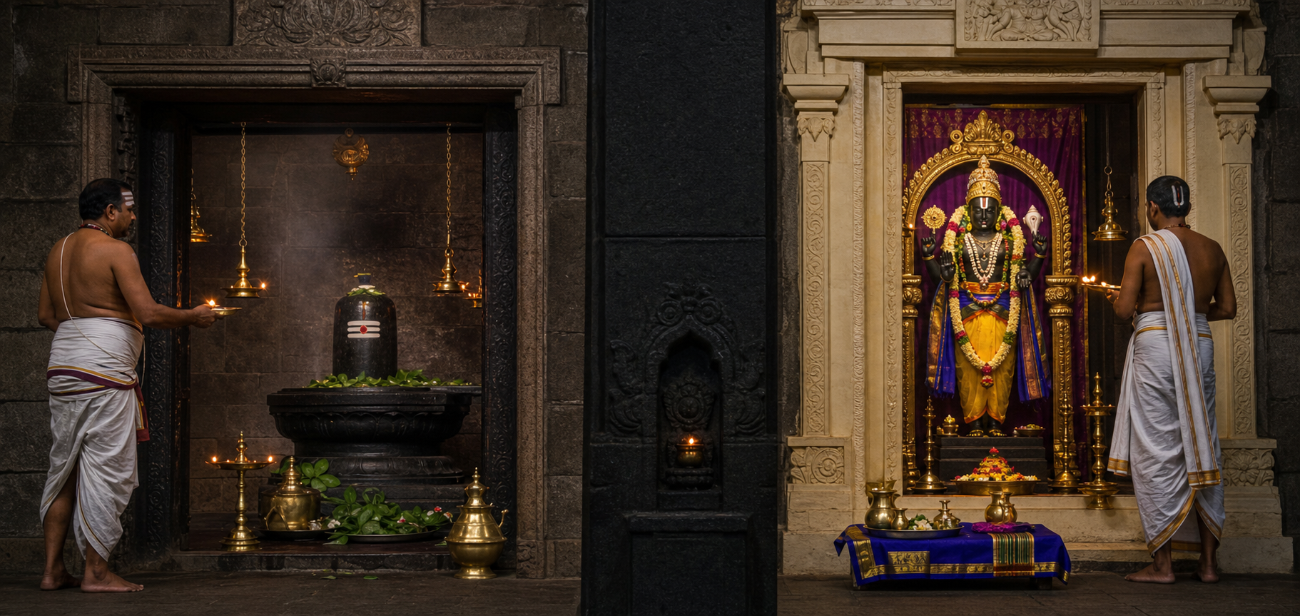 Two temple sanctums shown side by side, one centered on a Shiva liṅga and the other on a standing Vishnu image, with distinct priests and ritual arrangements.