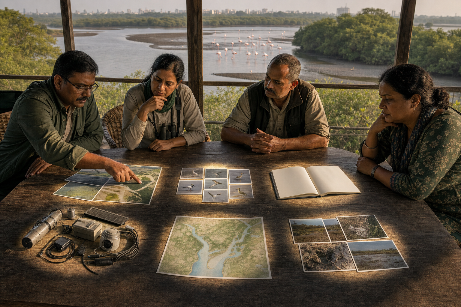 Four conservation reviewers examine six groups of field evidence on a table overlooking flamingos and mangroves at Thane Creek.