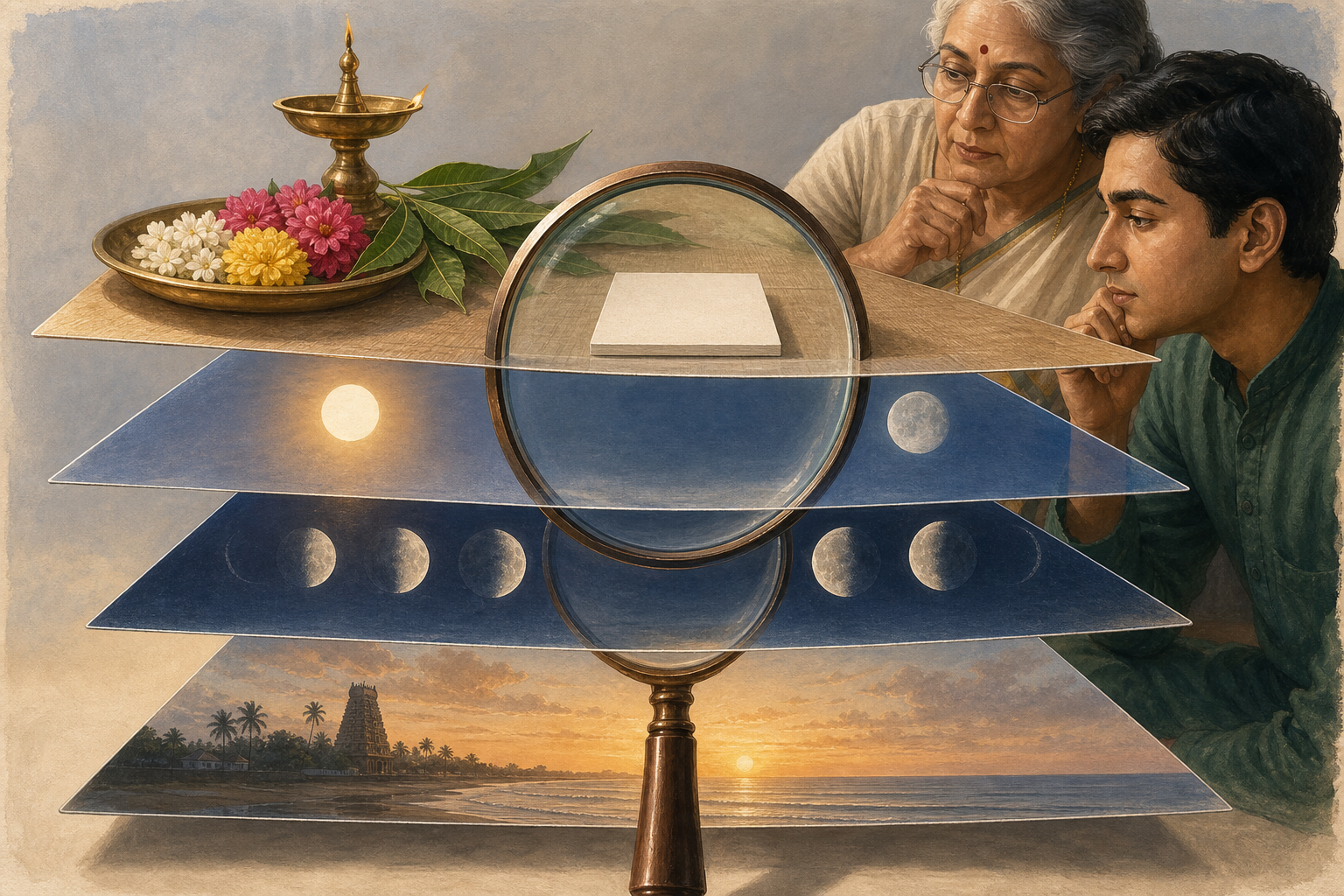 A magnifying lens aligns layered scenes of a local sunrise, sun and moon positions, a light-and-shadow lunar segment, and a family observance above an unmarked calendar tile.
