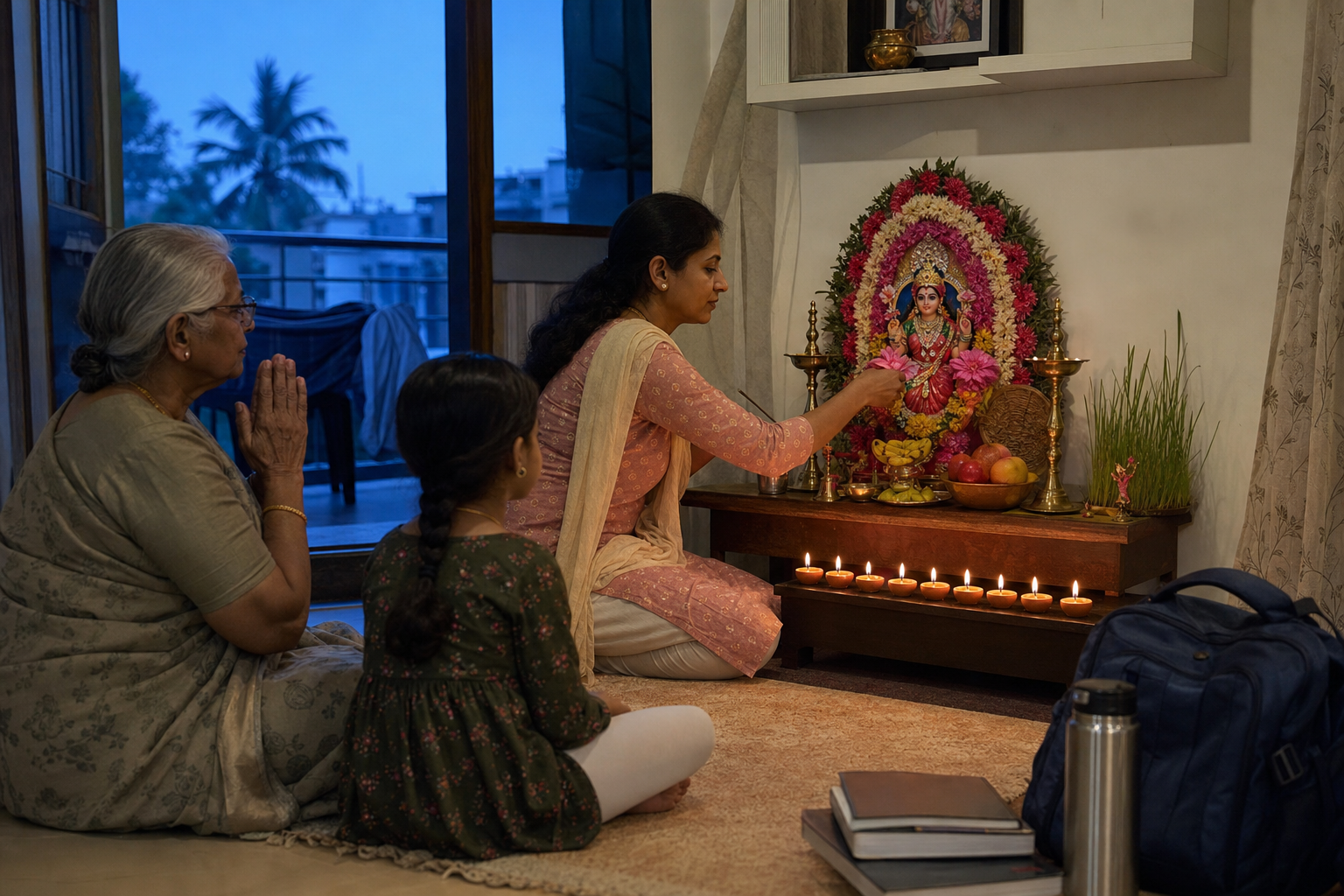 Three generations of a family pray at a home Devi shrine with flowers, barley shoots, and nine glowing clay lamps before the day begins.
