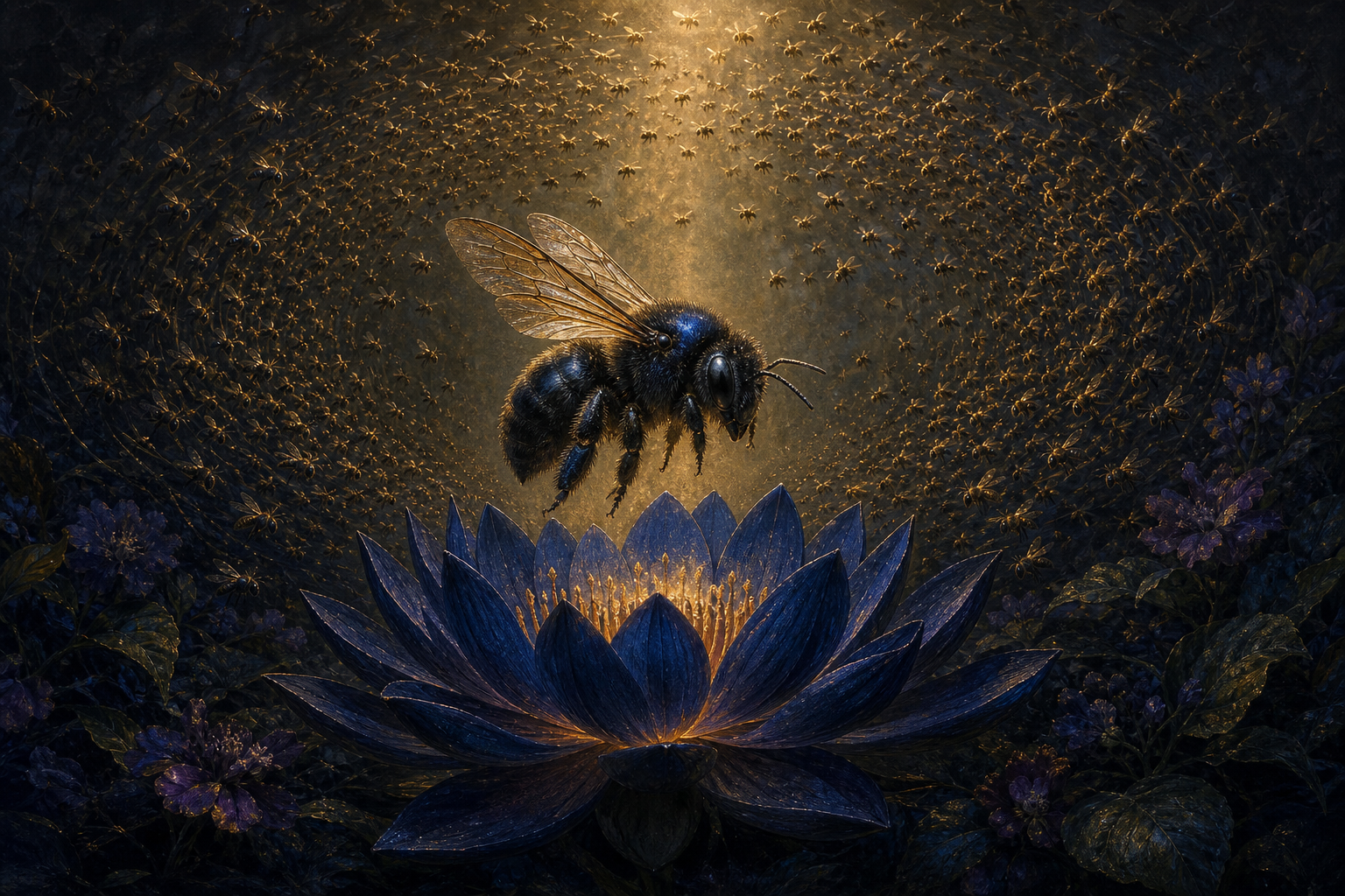 A black bee hovers over a blue lotus while a large swarm circles through dark flowering vegetation behind it.